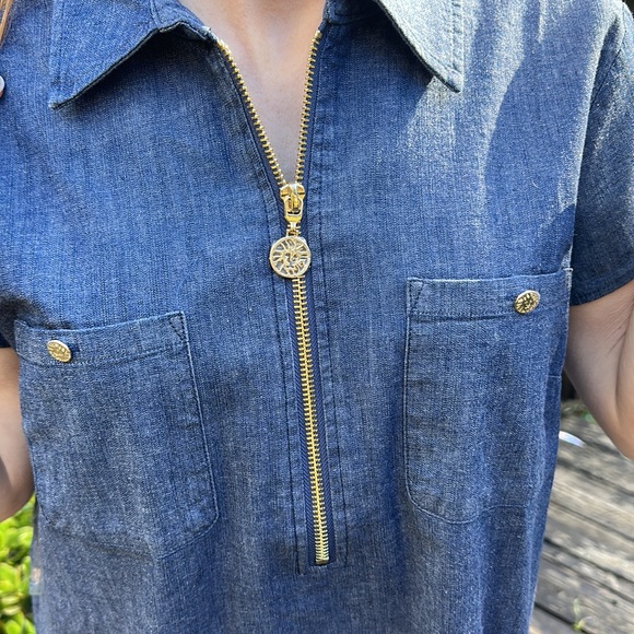 🆕Anne Kline Dark Wash denim midi dress gold zipper & button accents with logo 6 - Picture 3 of 7